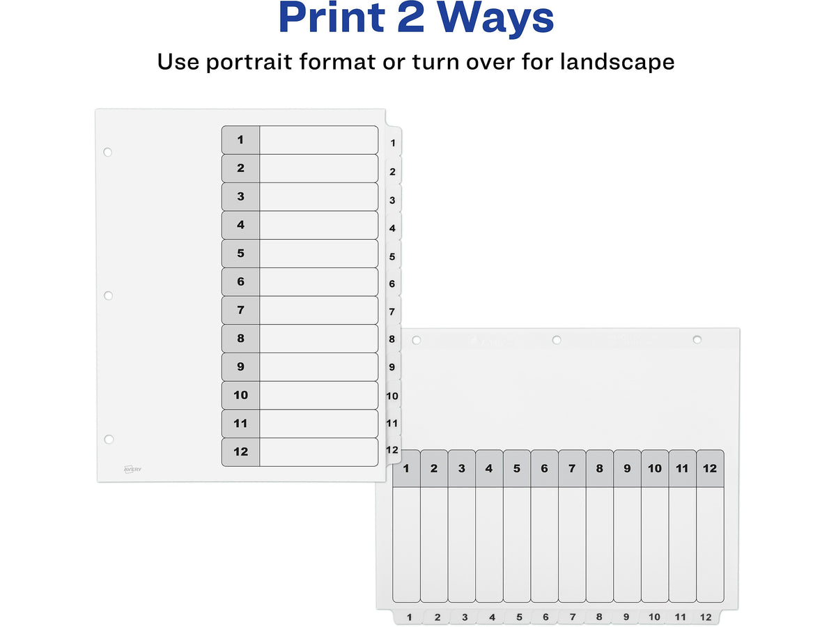 Avery Ready Index Table of Contents Paper Dividers, 1-12 Tabs, White, 6 Sets/Pack