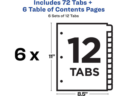 Avery Ready Index Table of Contents Paper Dividers, 1-12 Tabs, White, 6 Sets/Pack