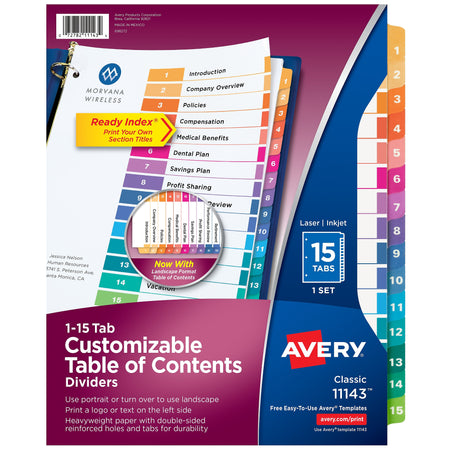 Avery Ready Index Table of Contents Paper Dividers, 1-15 Tabs, Multicolor