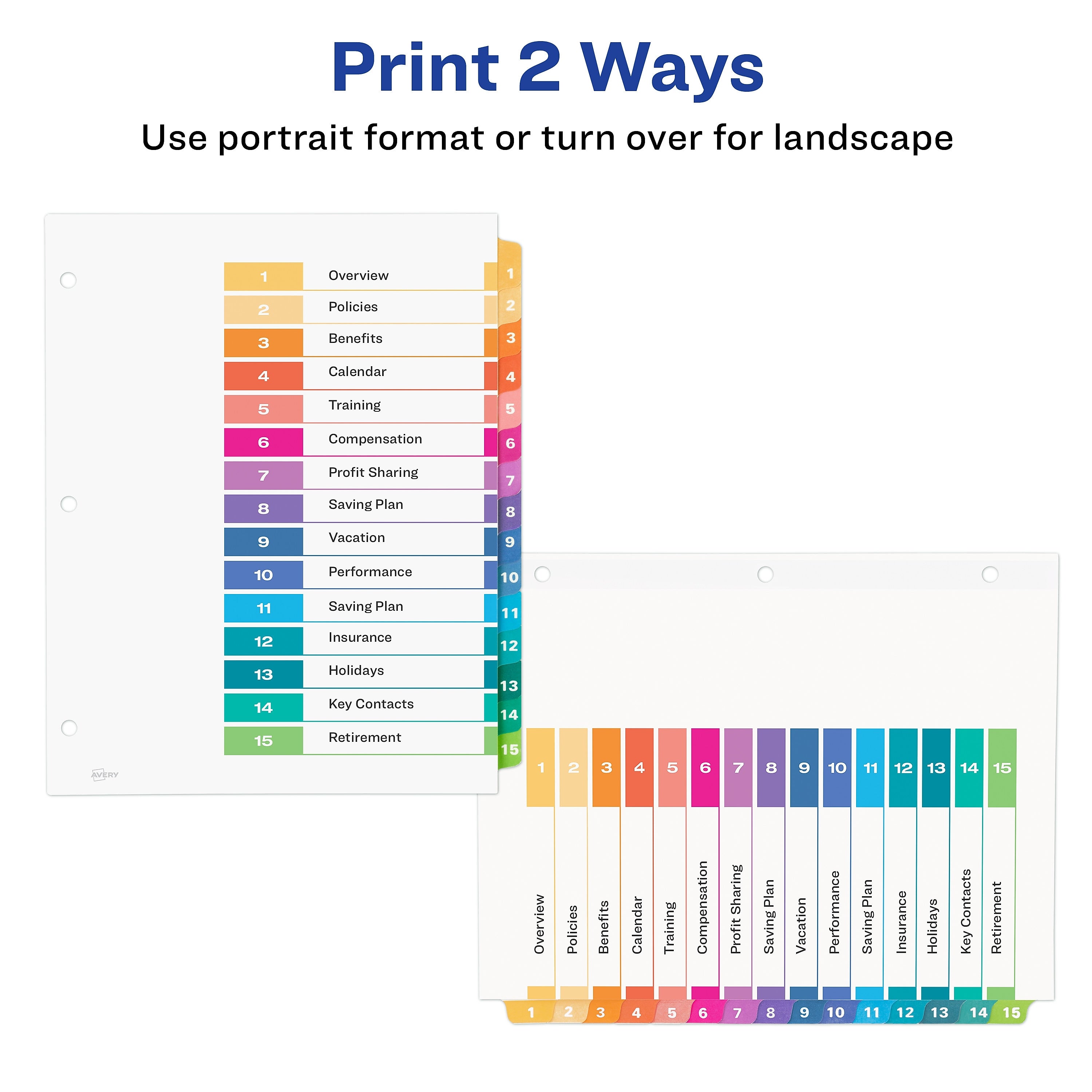 Avery Ready Index Table of Contents Paper Dividers, 1-15 Tabs, Multicolor