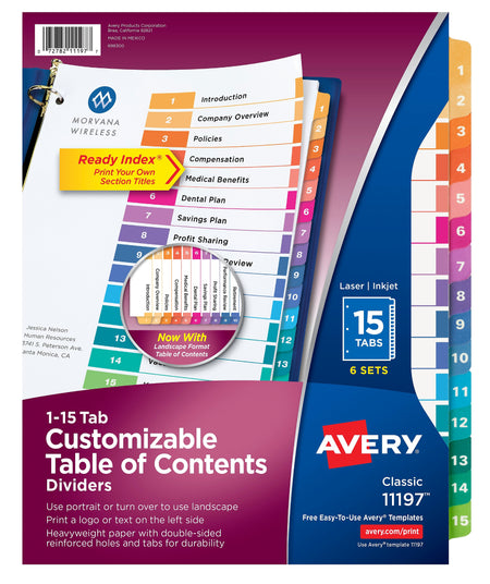 Avery Ready Index Table of Contents Paper Dividers, 1-15 Tabs, Multicolor, 6 Sets/Pack