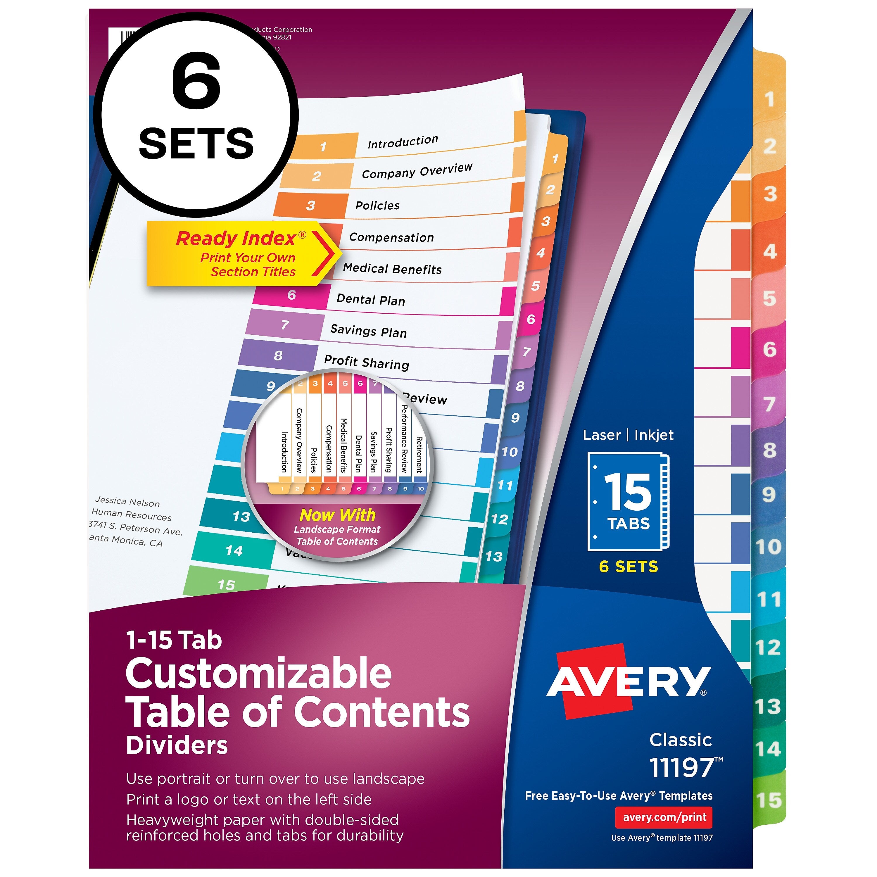 Avery Ready Index Table of Contents Paper Dividers, 1-15 Tabs, Multicolor, 6 Sets/Pack