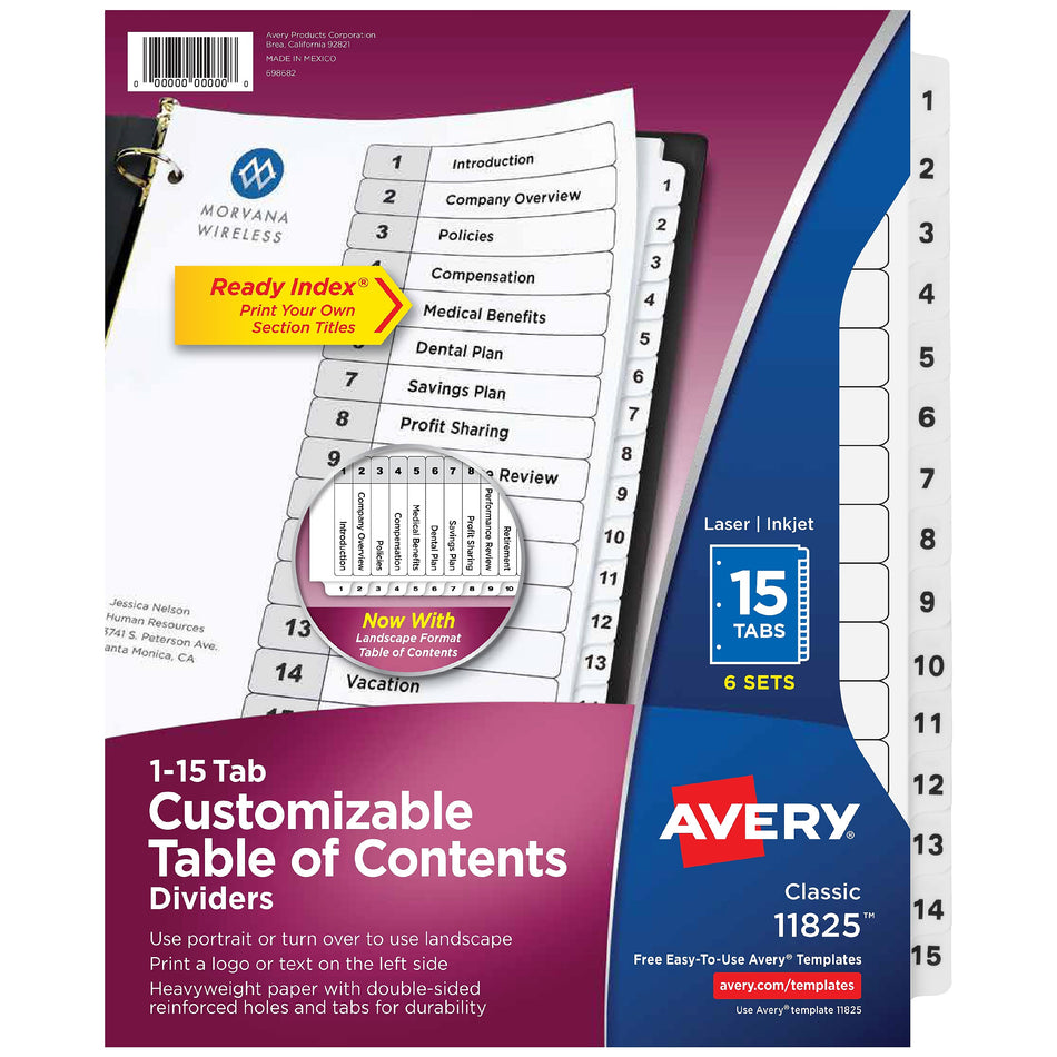 Avery Ready Index Table of Contents Paper Dividers, 1-15 Tabs, White, 6 Sets/Pack