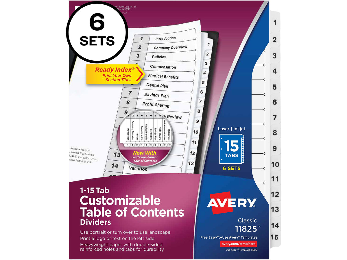 Avery Ready Index Table of Contents Paper Dividers, 1-15 Tabs, White, 6 Sets/Pack