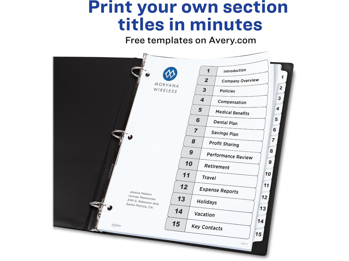 Avery Ready Index Table of Contents Paper Dividers, 1-15 Tabs, White, 6 Sets/Pack