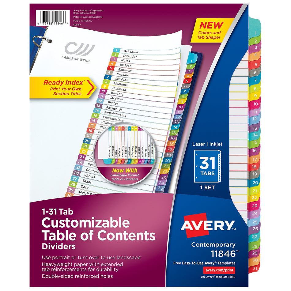 Avery Ready Index Table of Contents Paper Dividers, 1-31 Tabs, Contemporary Multicolor