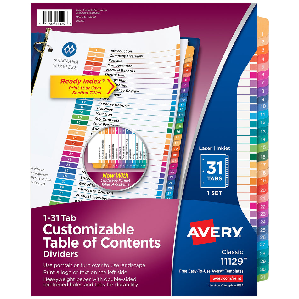 Avery Ready Index Table of Contents Paper Dividers, 1-31 Tabs, Multicolor