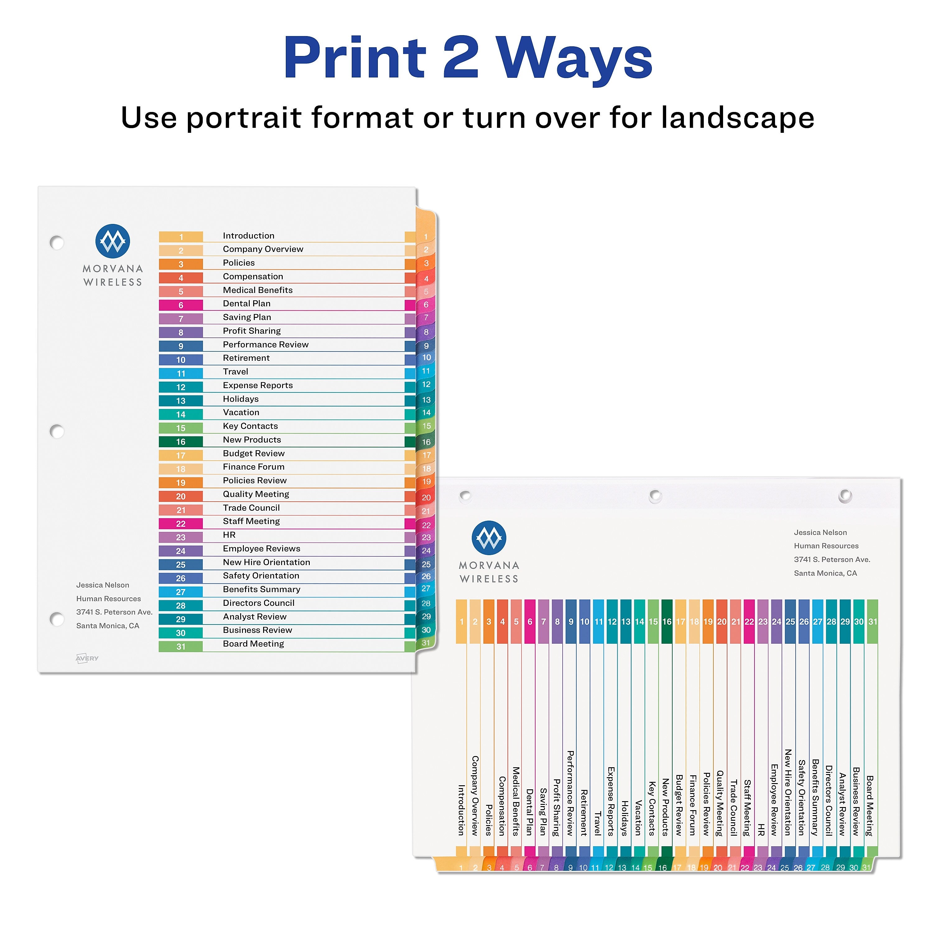 Avery Ready Index Table of Contents Paper Dividers, 1-31 Tabs, Multicolor