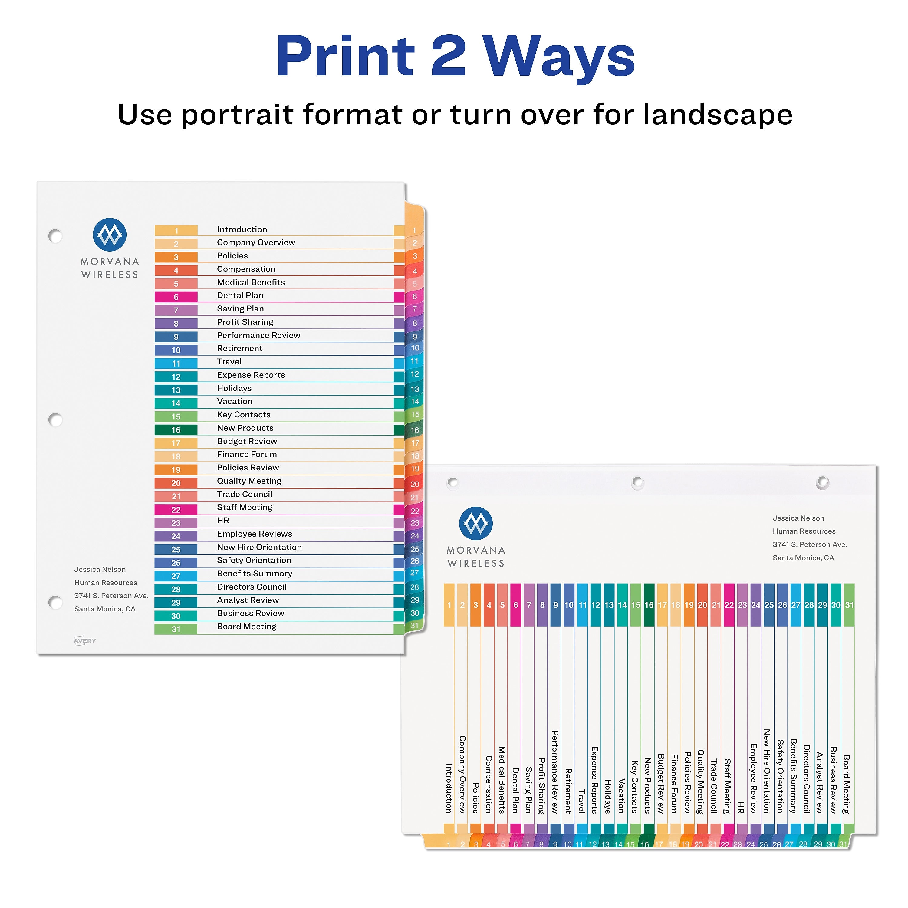 Avery Ready Index Table of Contents Paper Dividers, 1-31 Tabs, Multicolor