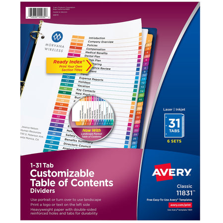 Avery Ready Index Table of Contents Paper Dividers, 1-31 Tabs, Multicolor, 6 Sets/Pack