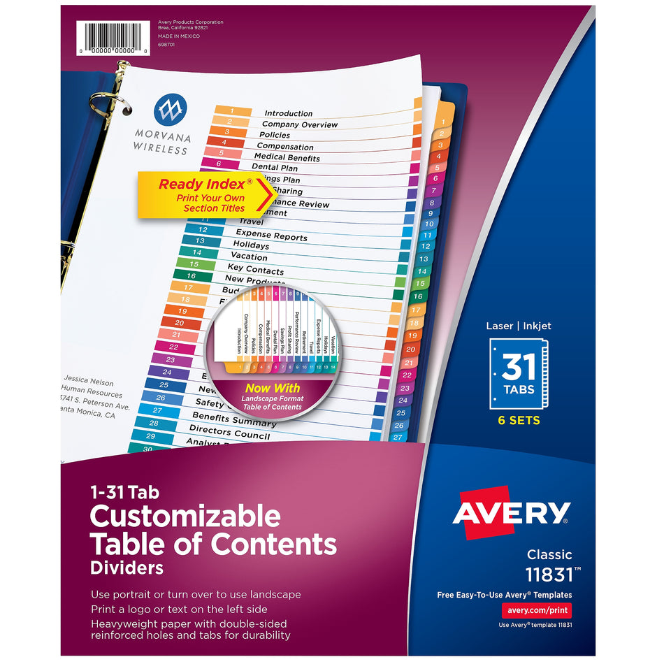 Avery Ready Index Table of Contents Paper Dividers, 1-31 Tabs, Multicolor, 6 Sets/Pack