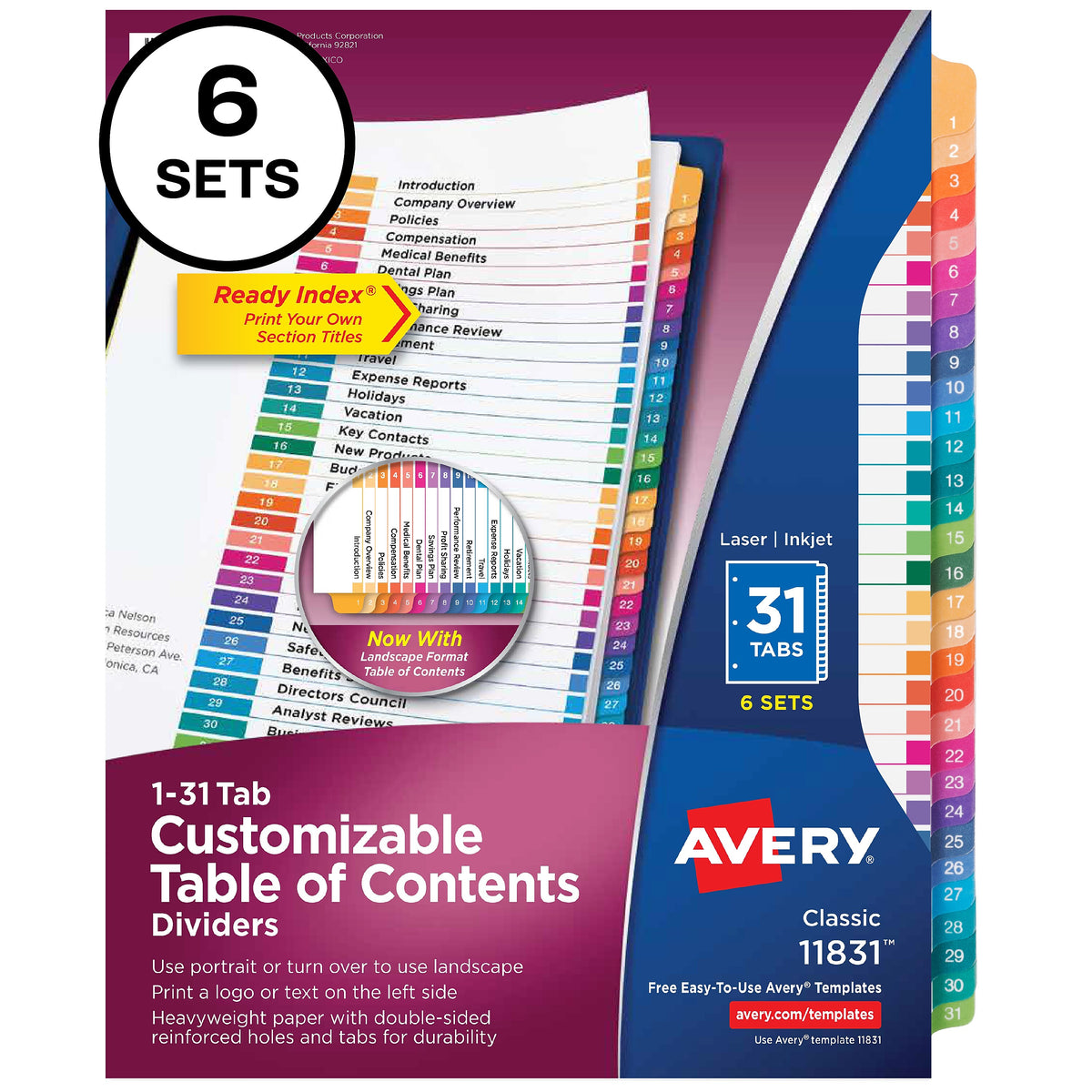 Avery Ready Index Table of Contents Paper Dividers, 1-31 Tabs, Multicolor, 6 Sets/Pack