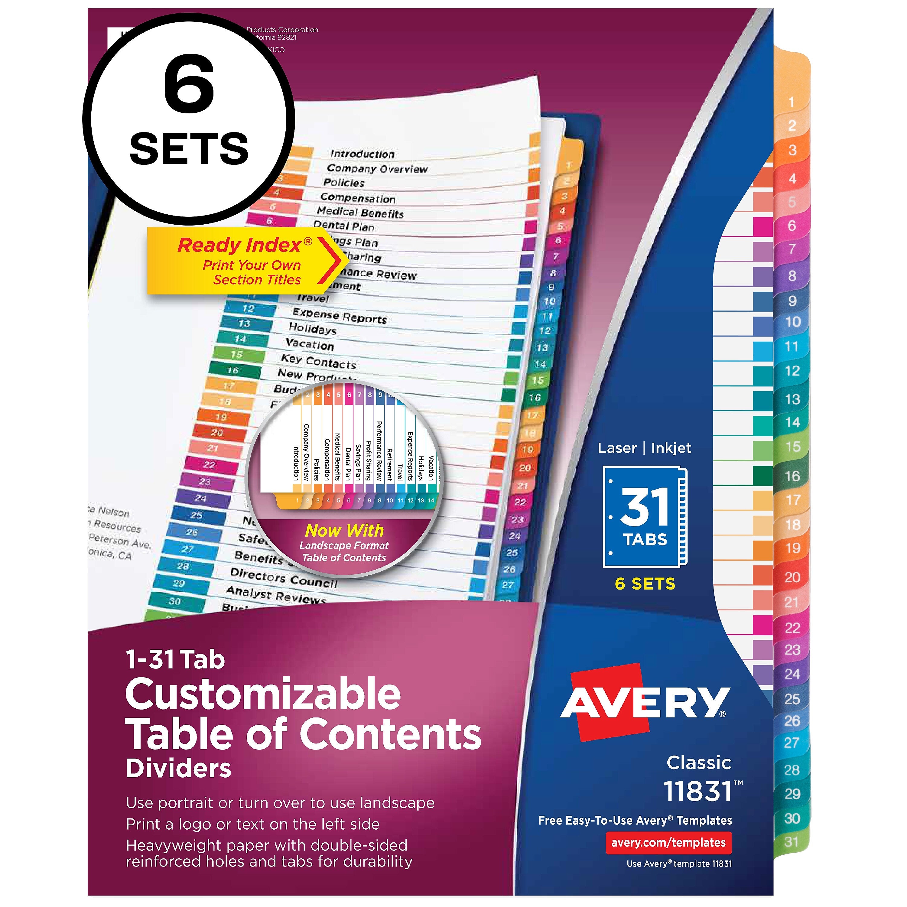 Avery Ready Index Table of Contents Paper Dividers, 1-31 Tabs, Multicolor, 6 Sets/Pack