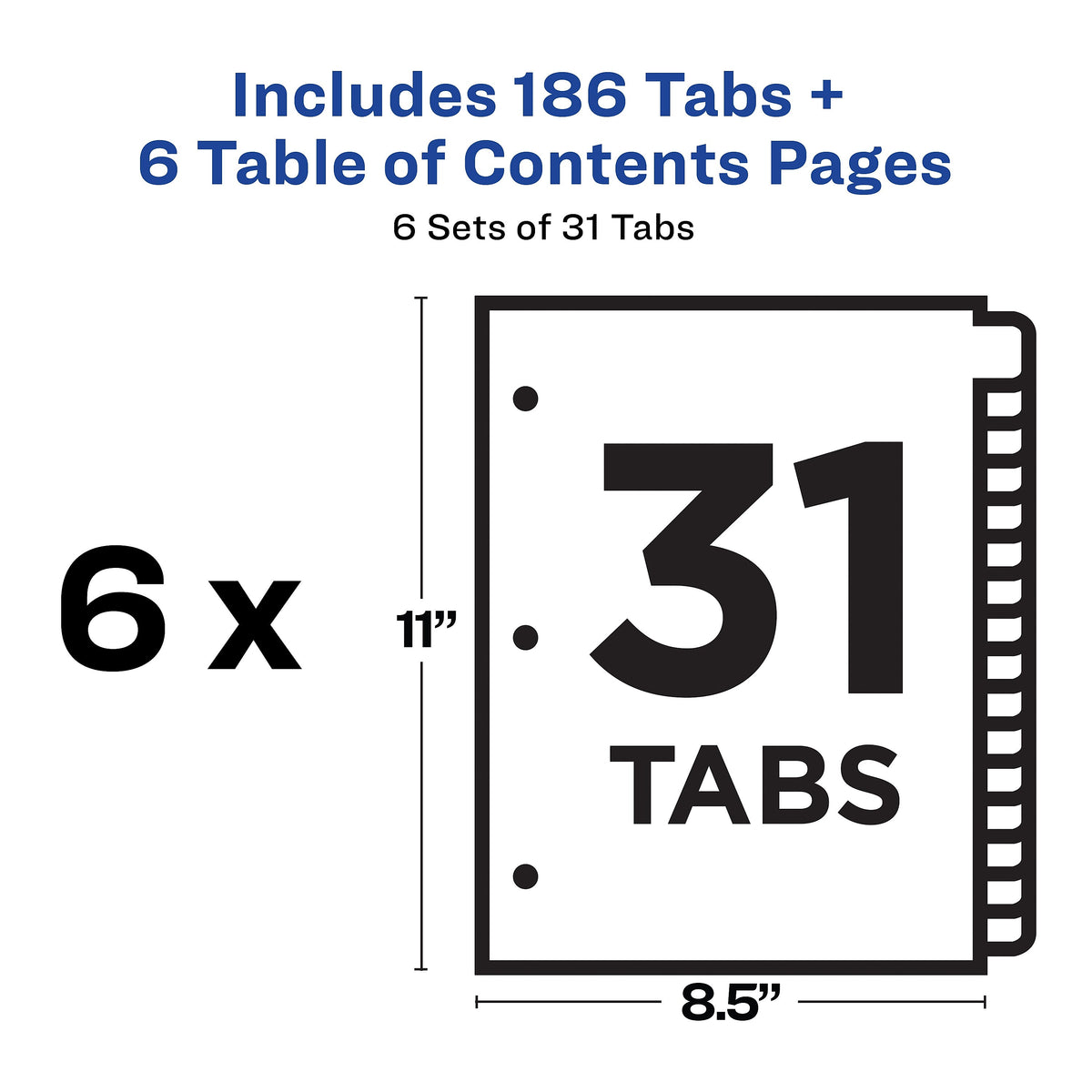 Avery Ready Index Table of Contents Paper Dividers, 1-31 Tabs, Multicolor, 6 Sets/Pack