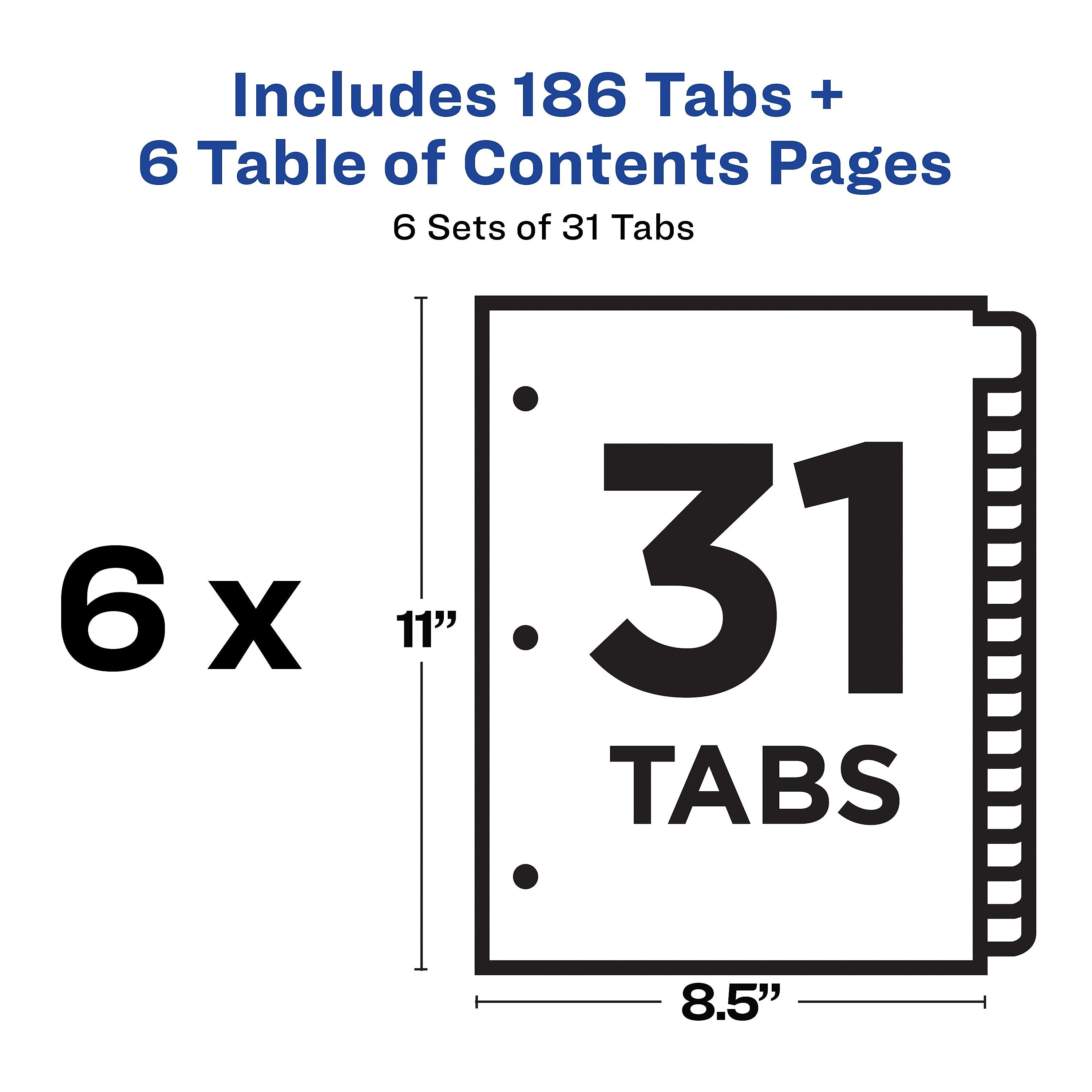 Avery Ready Index Table of Contents Paper Dividers, 1-31 Tabs, Multicolor, 6 Sets/Pack