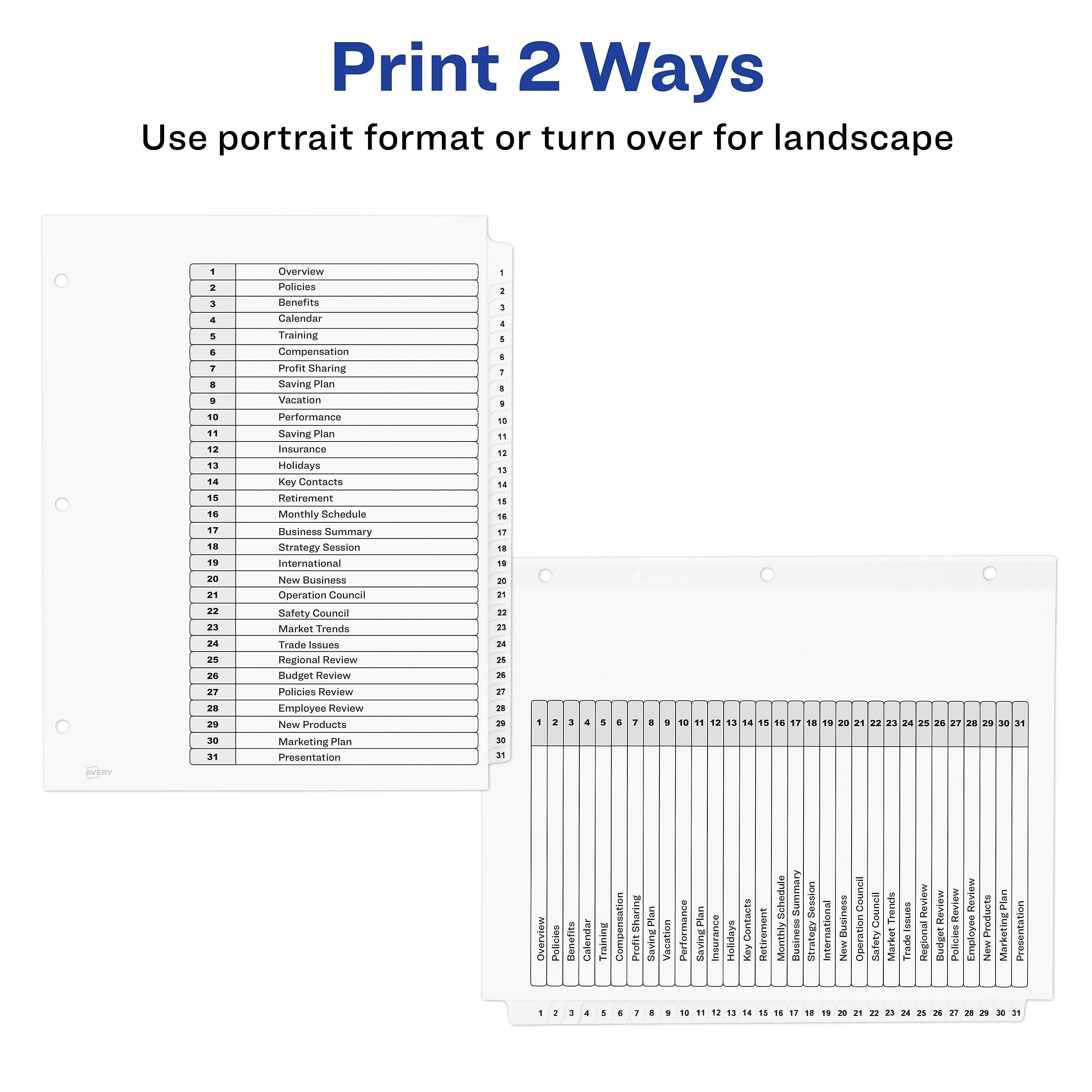 Avery Ready Index Table of Contents Paper Dividers, 1-31 Tabs, White