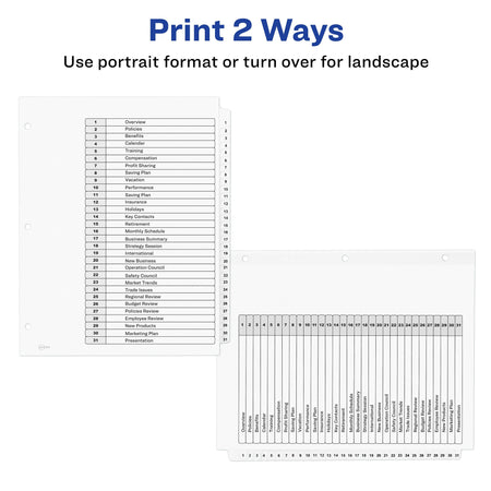 Avery Ready Index Table of Contents Paper Dividers, 1-31 Tabs, White