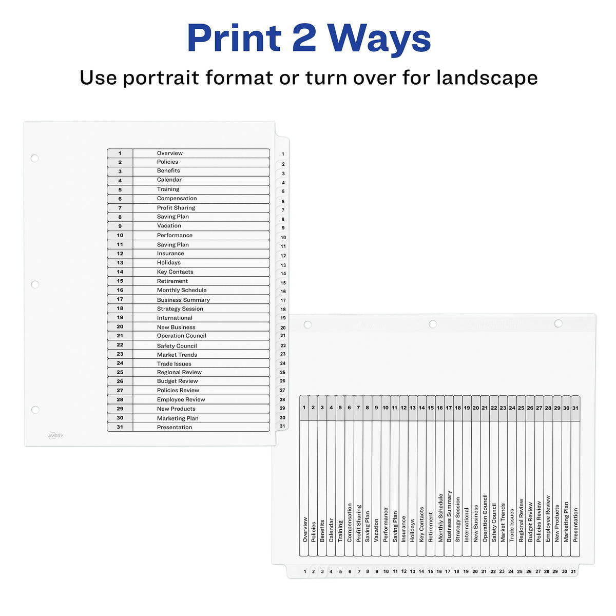 Avery Ready Index Table of Contents Paper Dividers, 1-31 Tabs, White