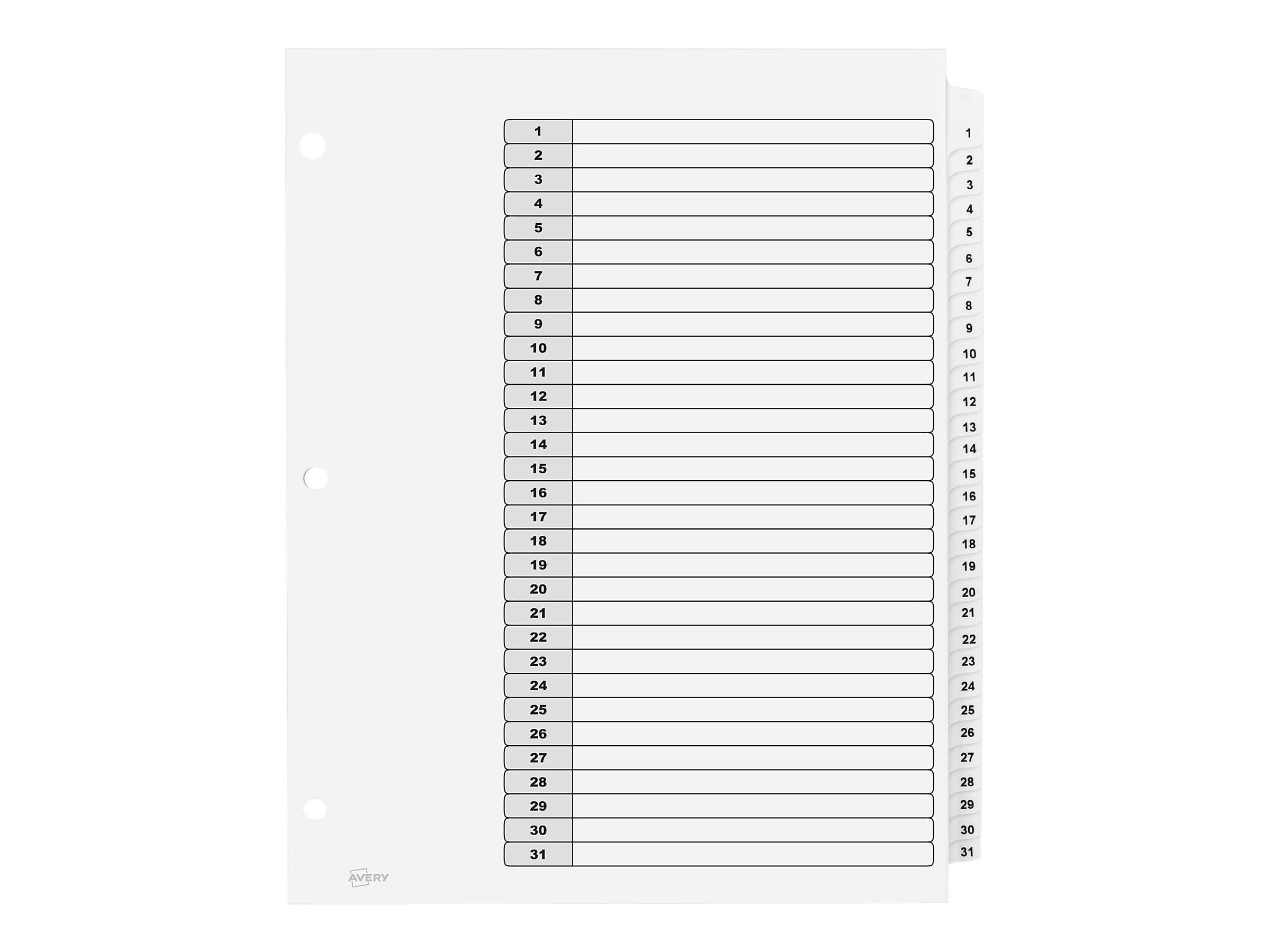 Avery Ready Index Table of Contents Paper Dividers, 1-31 Tabs, White, 6 Sets/Pack