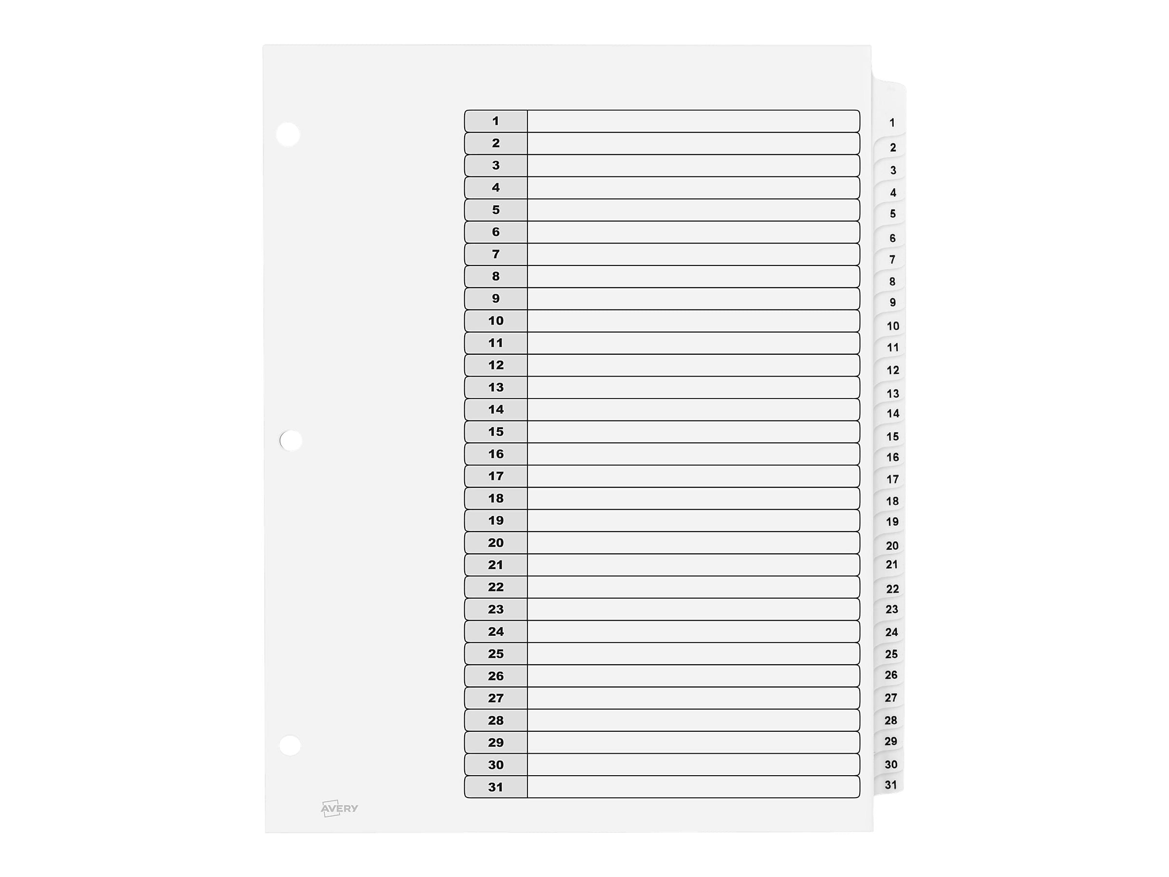 Avery Ready Index Table of Contents Paper Dividers, 1-31 Tabs, White, 6 Sets/Pack