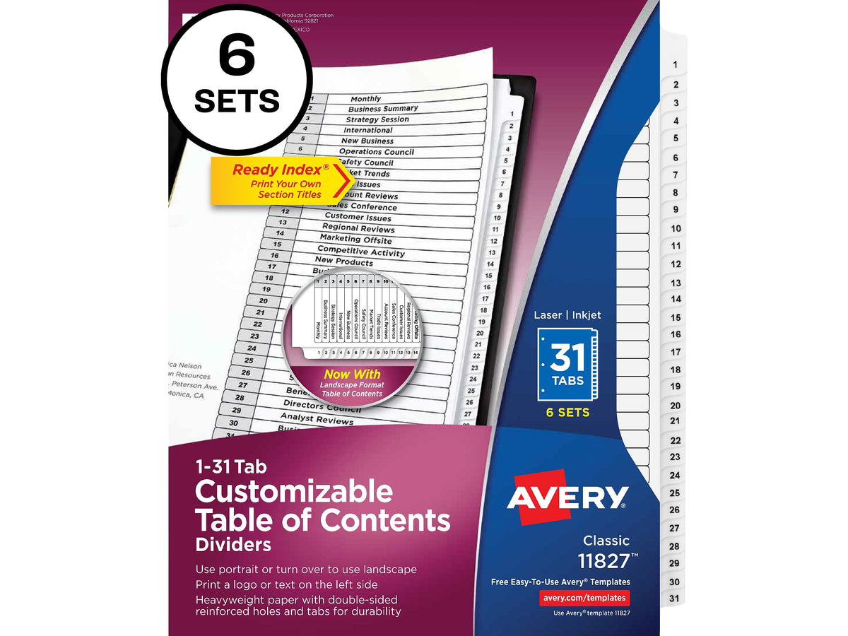 Avery Ready Index Table of Contents Paper Dividers, 1-31 Tabs, White, 6 Sets/Pack