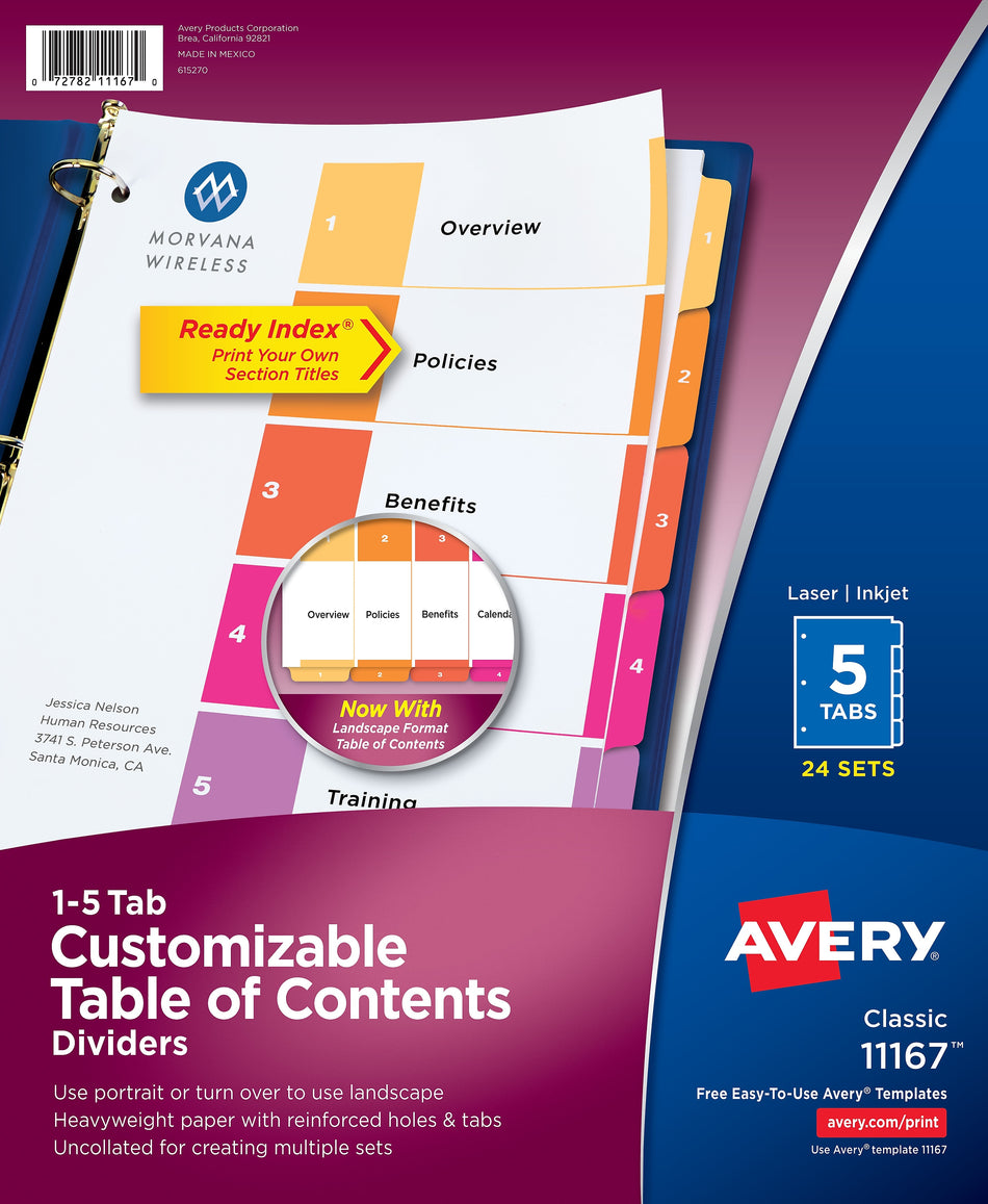 Avery Ready Index Table of Contents Paper Dividers, 1-5 Tabs, Multicolor, 24 Sets/Box