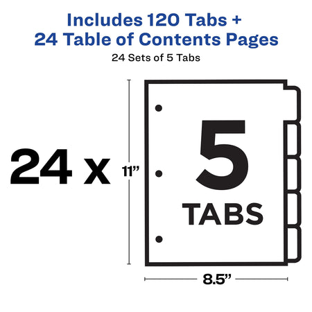 Avery Ready Index Table of Contents Paper Dividers, 1-5 Tabs, Multicolor, 24 Sets/Box