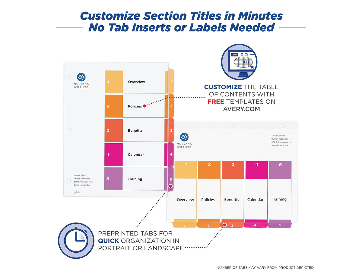 Avery Ready Index Table of Contents Paper Dividers, 1-5 Tabs, Multicolor, 6 Sets/Pack