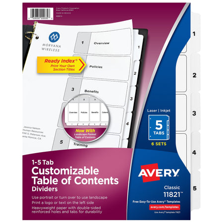 Avery Ready Index Table of Contents Paper Dividers, 1-5 Tabs, White, 6 Sets/Pack