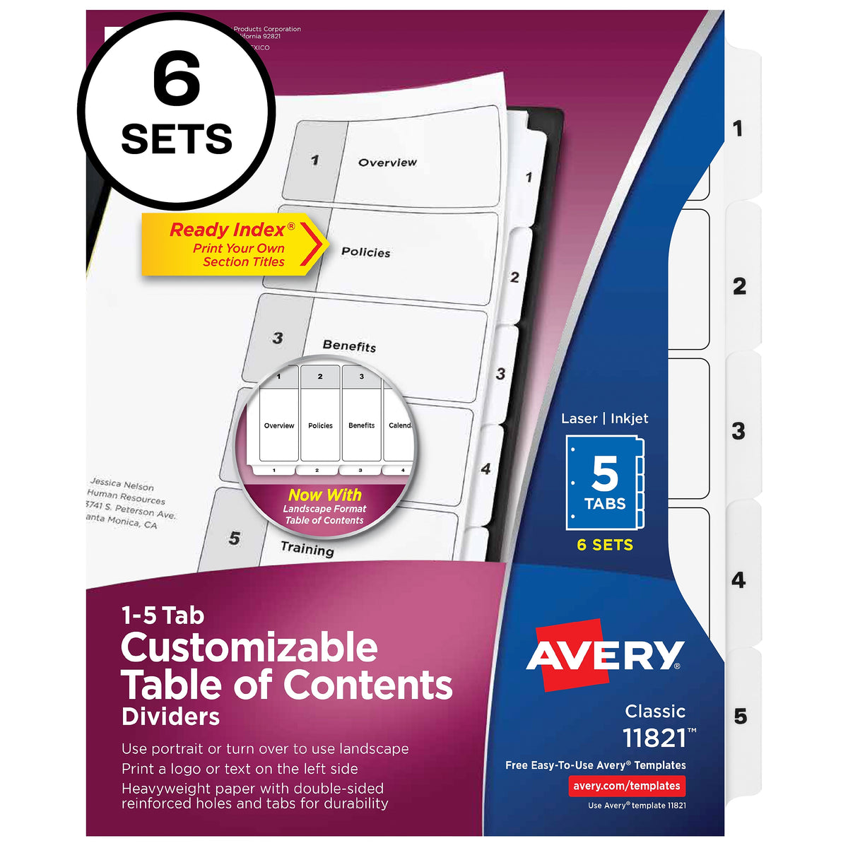 Avery Ready Index Table of Contents Paper Dividers, 1-5 Tabs, White, 6 Sets/Pack