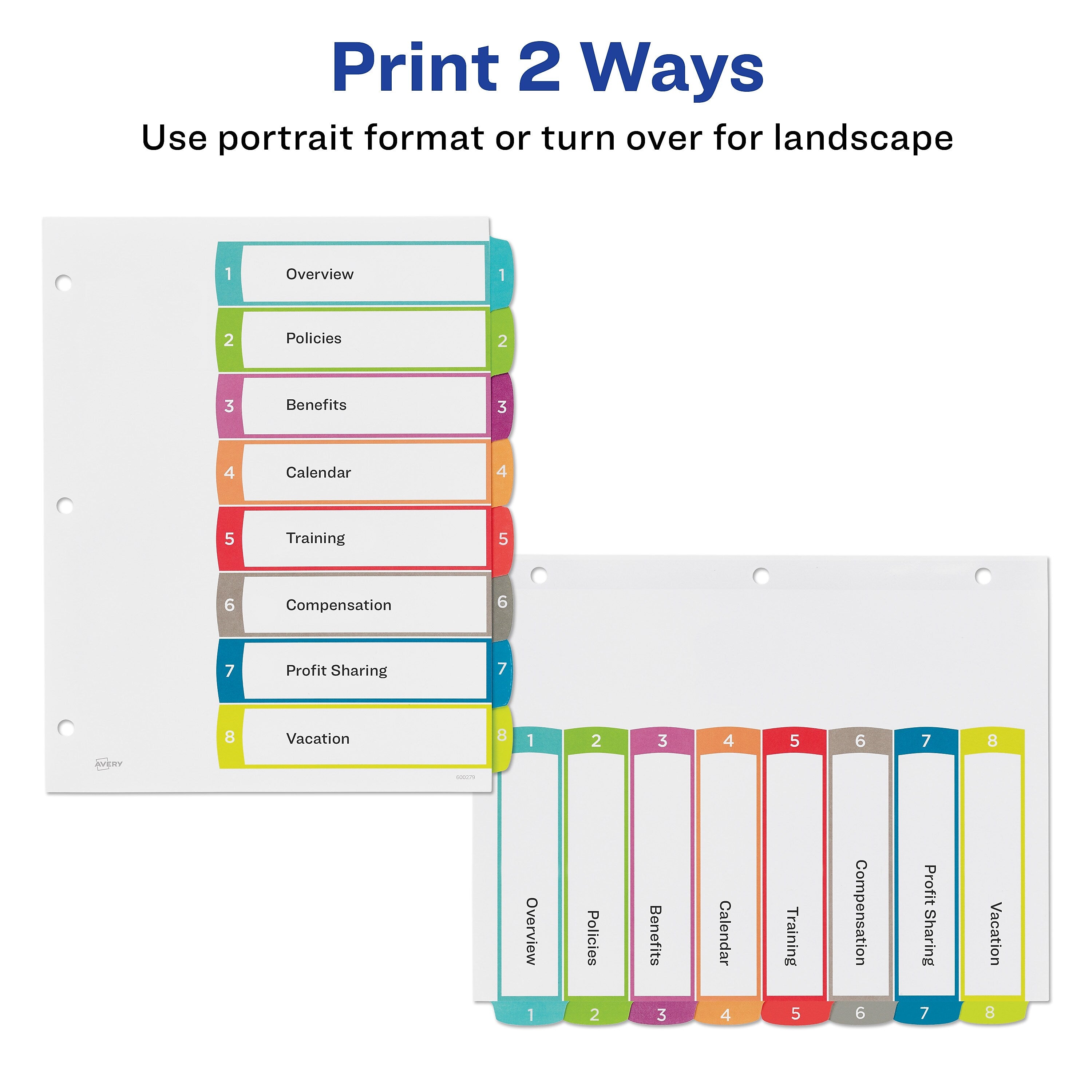 Avery Ready Index Table of Contents Paper Dividers, 1-8 Tabs, Contemporary Multicolor