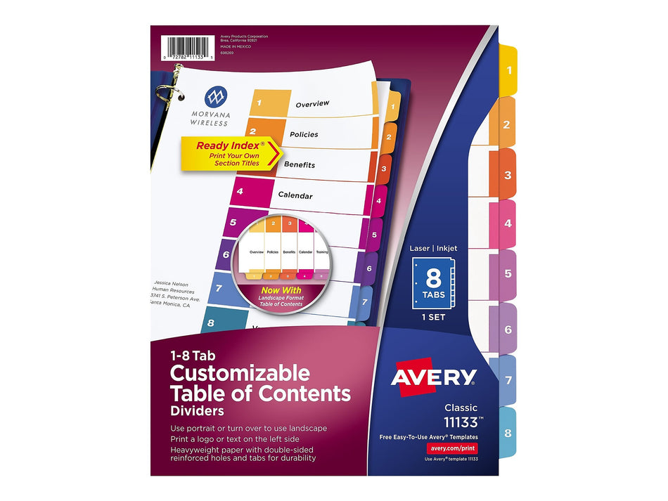 Avery Ready Index Table of Contents Paper Dividers, 1-8 Tabs, Multicolor