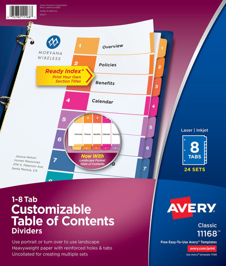 Avery Ready Index Table of Contents Paper Dividers, 1-8 Tabs, Multicolor, 24 Sets/Box