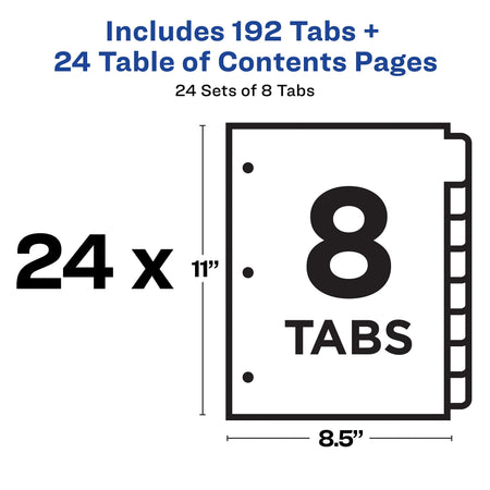 Avery Ready Index Table of Contents Paper Dividers, 1-8 Tabs, Multicolor, 24 Sets/Box