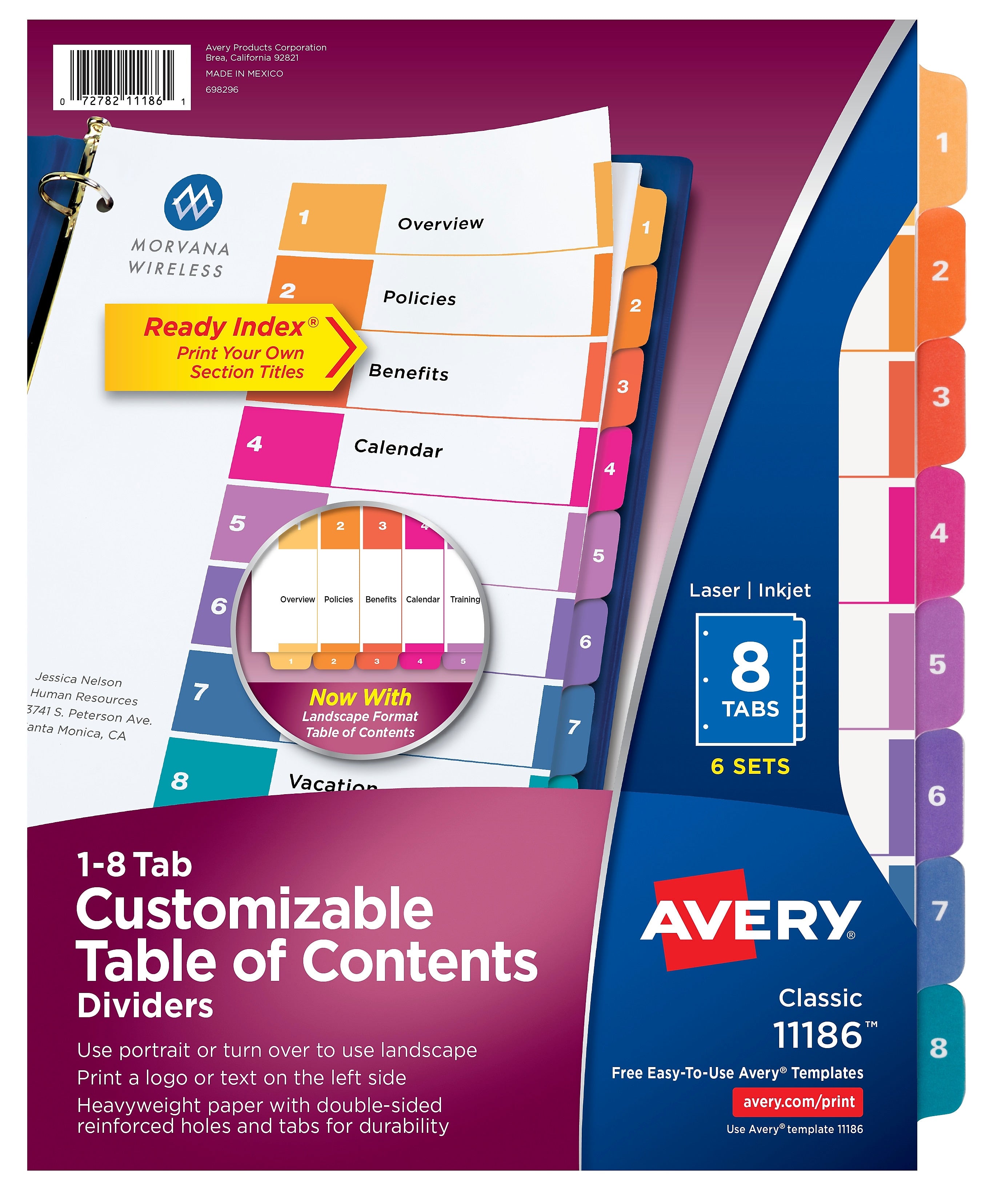 Avery Ready Index Table of Contents Paper Dividers, 1-8 Tabs, Multicolor, 6 Sets/Pack