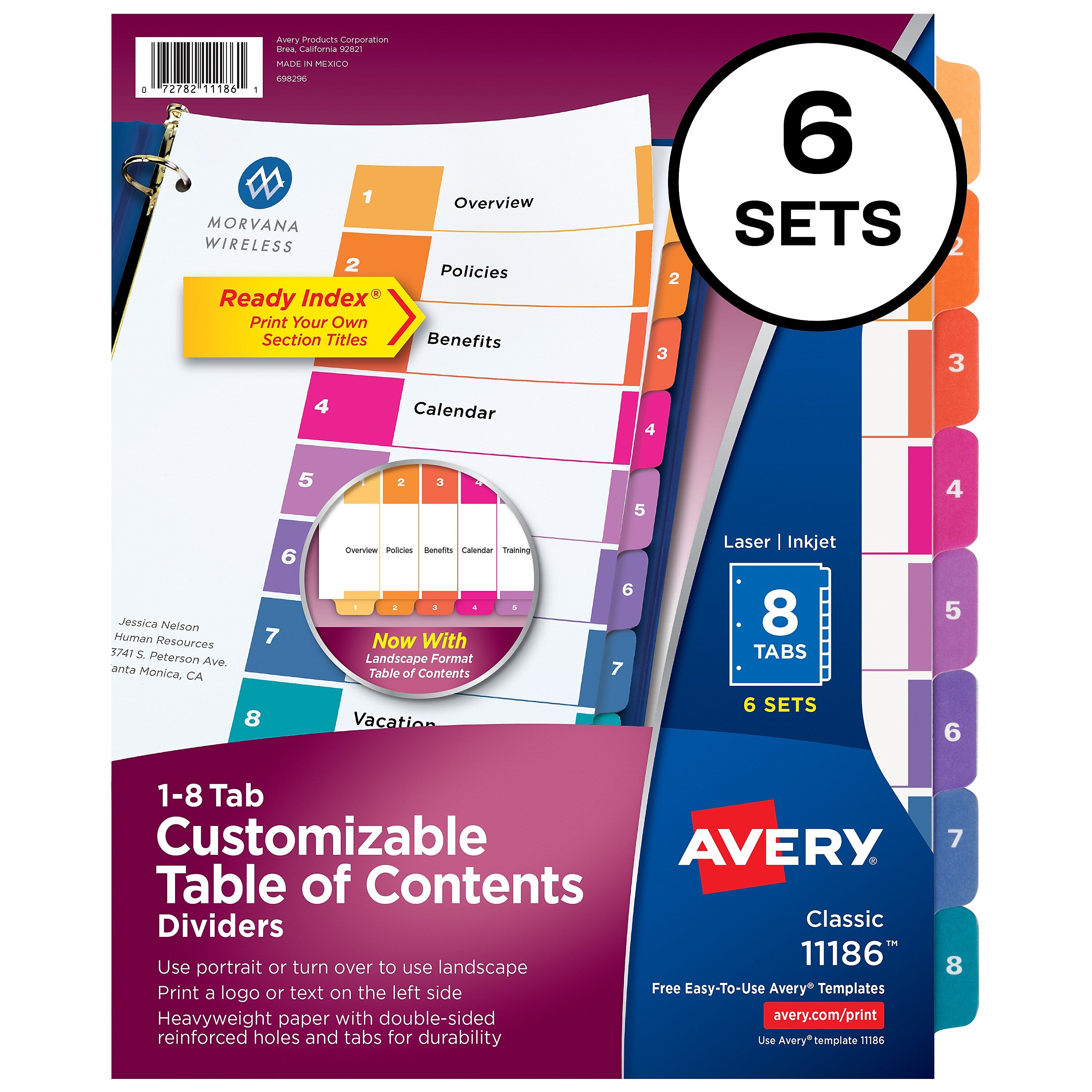 Avery Ready Index Table of Contents Paper Dividers, 1-8 Tabs, Multicolor, 6 Sets/Pack