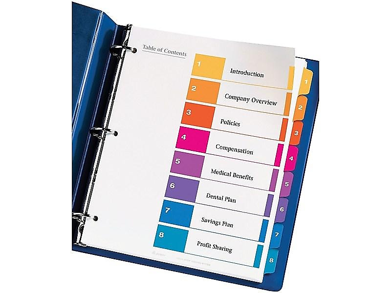 Avery Ready Index Table of Contents Paper Dividers, 1-8 Tabs, Multicolor, 6 Sets/Pack