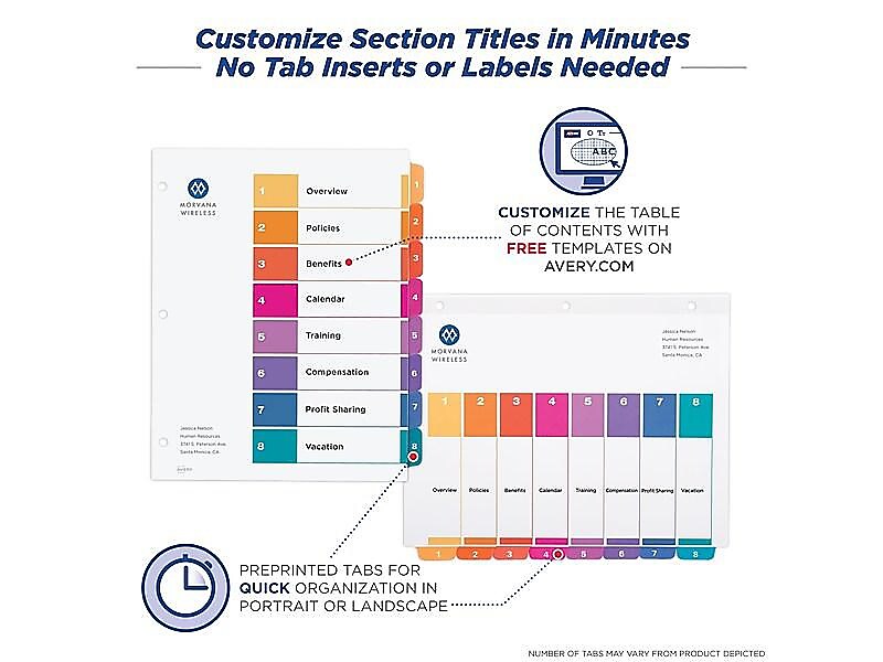 Avery Ready Index Table of Contents Paper Dividers, 1-8 Tabs, Multicolor