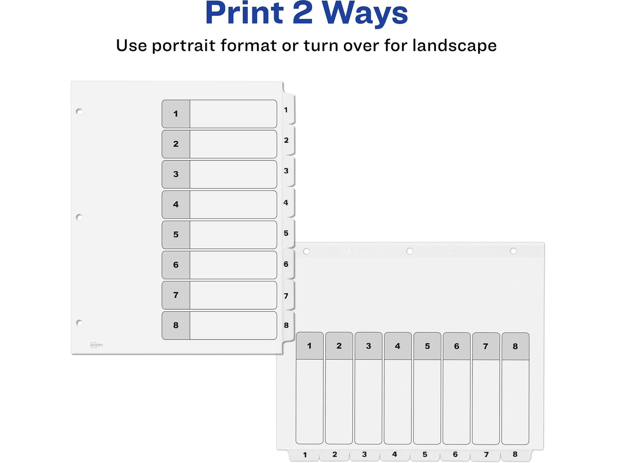 Avery Ready Index Table of Contents Paper Dividers, 1-8 Tabs, White, 6 Sets/Pack