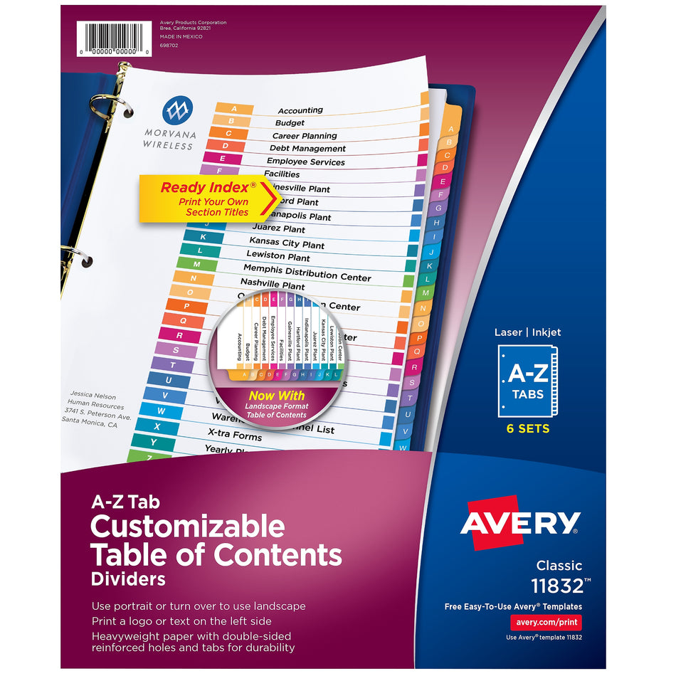 Avery Ready Index Table of Contents Paper Dividers, A-Z Tabs, Multicolor, 6 Sets/Pack