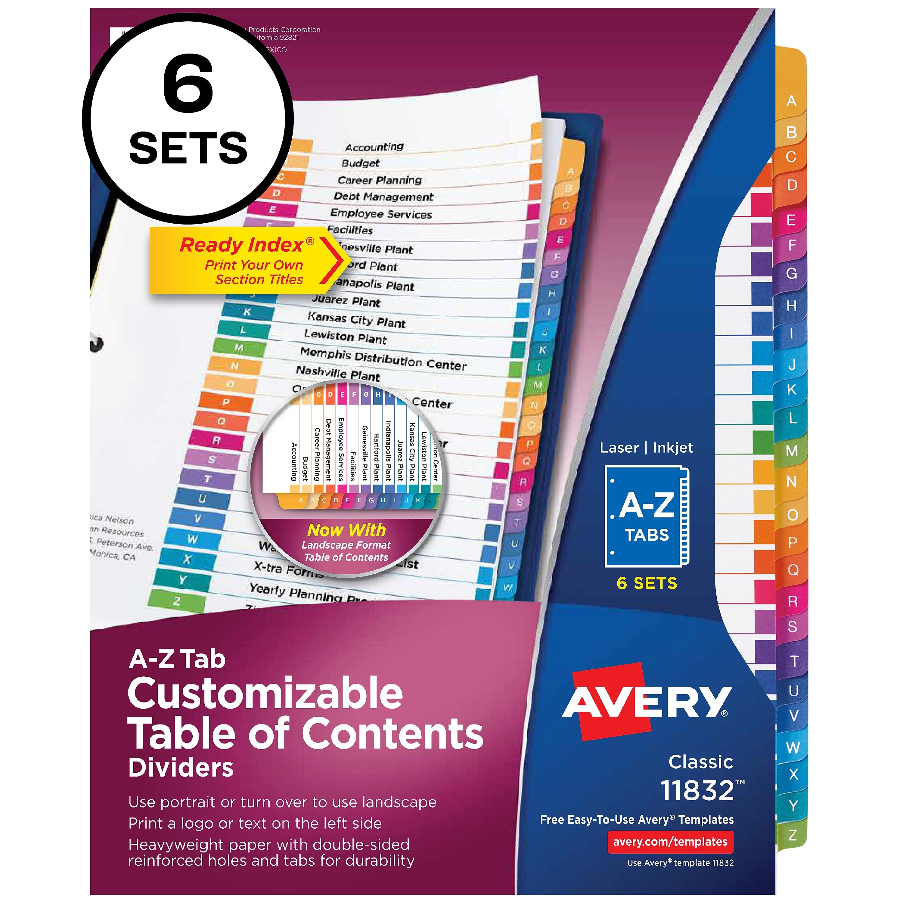 Avery Ready Index Table of Contents Paper Dividers, A-Z Tabs, Multicolor, 6 Sets/Pack