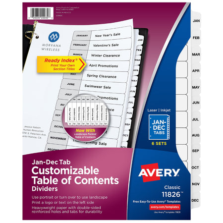 Avery Ready Index Table of Contents Paper Dividers, Jan-Dec Tabs, Multicolor, 6 Sets/Pack