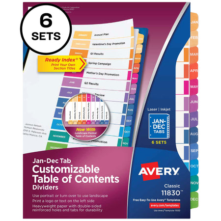 Avery Ready Index Table of Contents Paper Dividers, Jan-Dec Tabs, Multicolor, 6 Sets/Pack