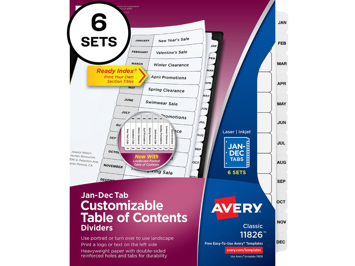 Avery Ready Index Table of Contents Paper Dividers, Jan-Dec Tabs, White, 6 Sets/Pack