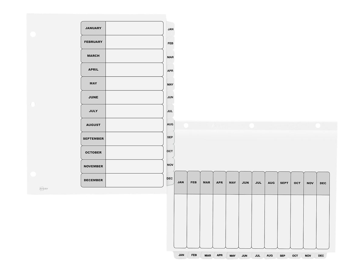 Avery Ready Index Table of Contents Paper Dividers, Jan-Dec Tabs, White, 6 Sets/Pack