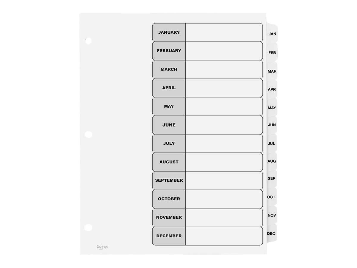 Avery Ready Index Table of Contents Paper Dividers, Jan-Dec Tabs, White, 6 Sets/Pack