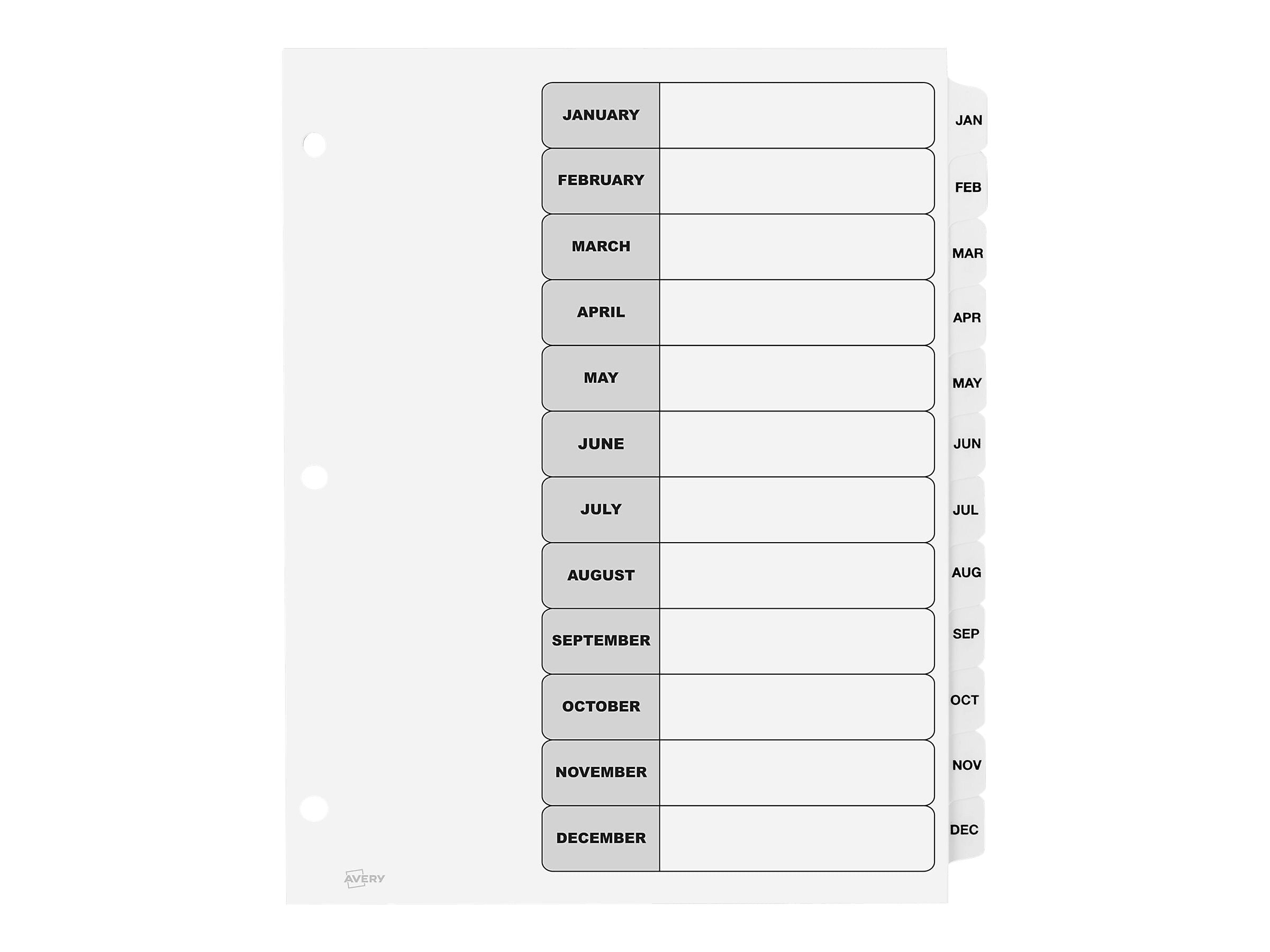 Avery Ready Index Table of Contents Paper Dividers, Jan-Dec Tabs, White, 6 Sets/Pack