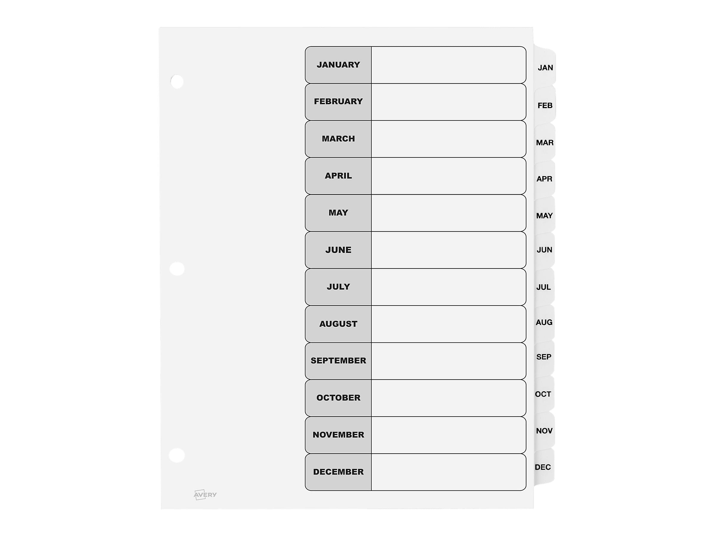 Avery Ready Index Table of Contents Paper Dividers, Jan-Dec Tabs, White, 6 Sets/Pack