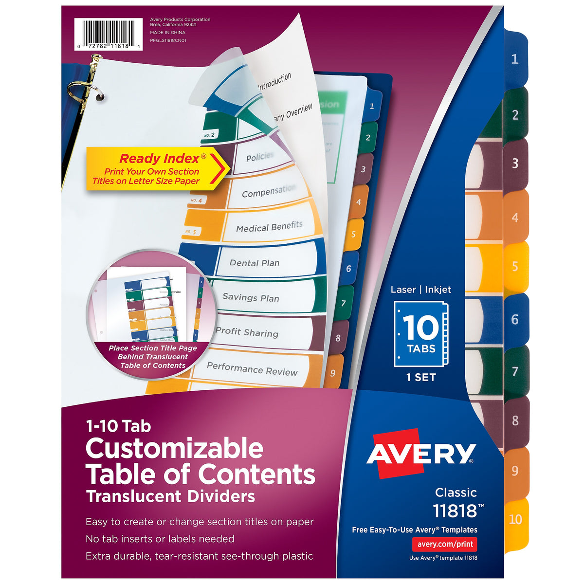 Avery Ready Index Table of Contents Plastic Dividers, 1-10 Tabs, Multicolor