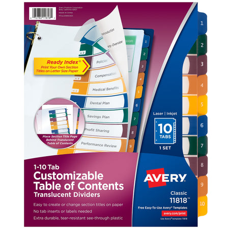 Avery Ready Index Table of Contents Plastic Dividers, 1-10 Tabs, Multicolor